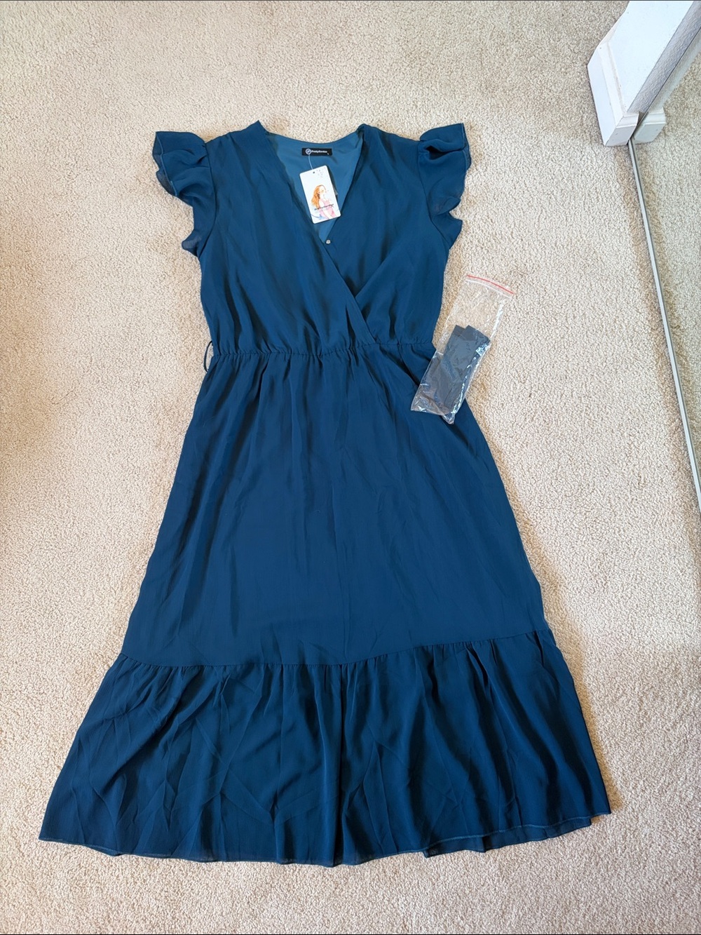 Flutter Sleeve Teal Wrap Maxi Dress with Ruffle Hem